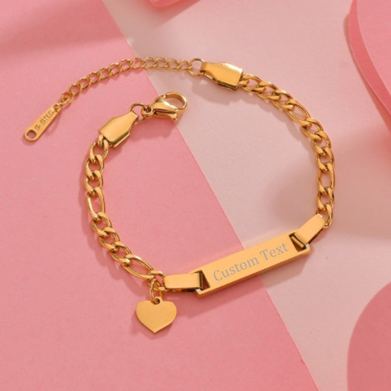 Azimiby Personalize Baby Kid Name Bracelet Stainless Steel Smooth Bangle Link Gold Color No Fade Safty Engrave Birthday  Jewelry