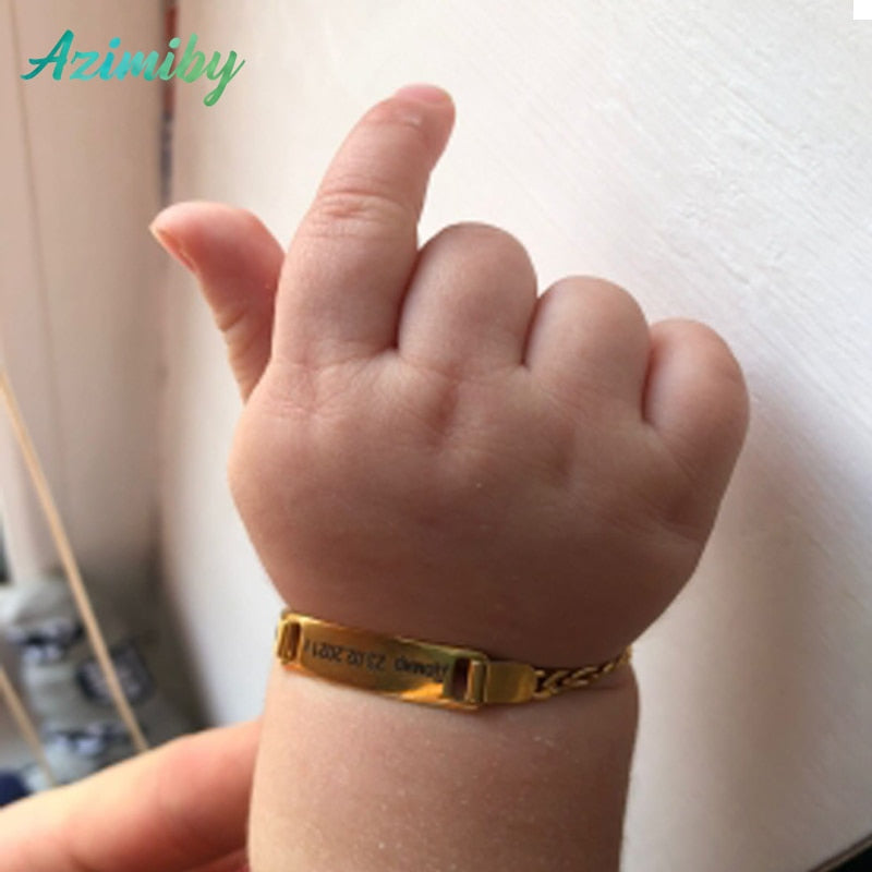 Azimiby Personalize Baby Kid Name Bracelet Stainless Steel Smooth Bangle Link Gold Color No Fade Safty Engrave Birthday  Jewelry